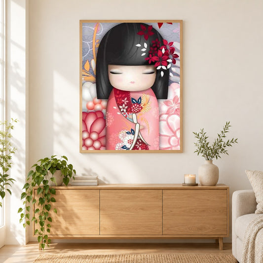 Kokeshi Puppe als gerahmtes Diamond Painting im Wohnzimmer