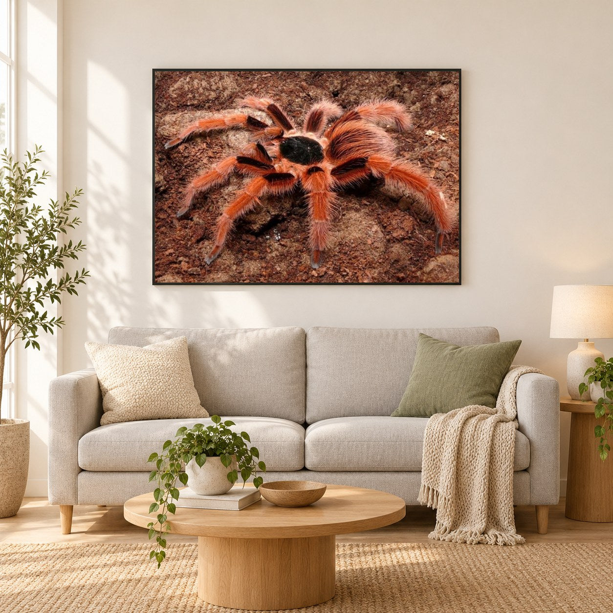 Kolumbianische riesige rote Bein-Vogelspinne als gerahmtes Diamond Painting im Wohnzimmer