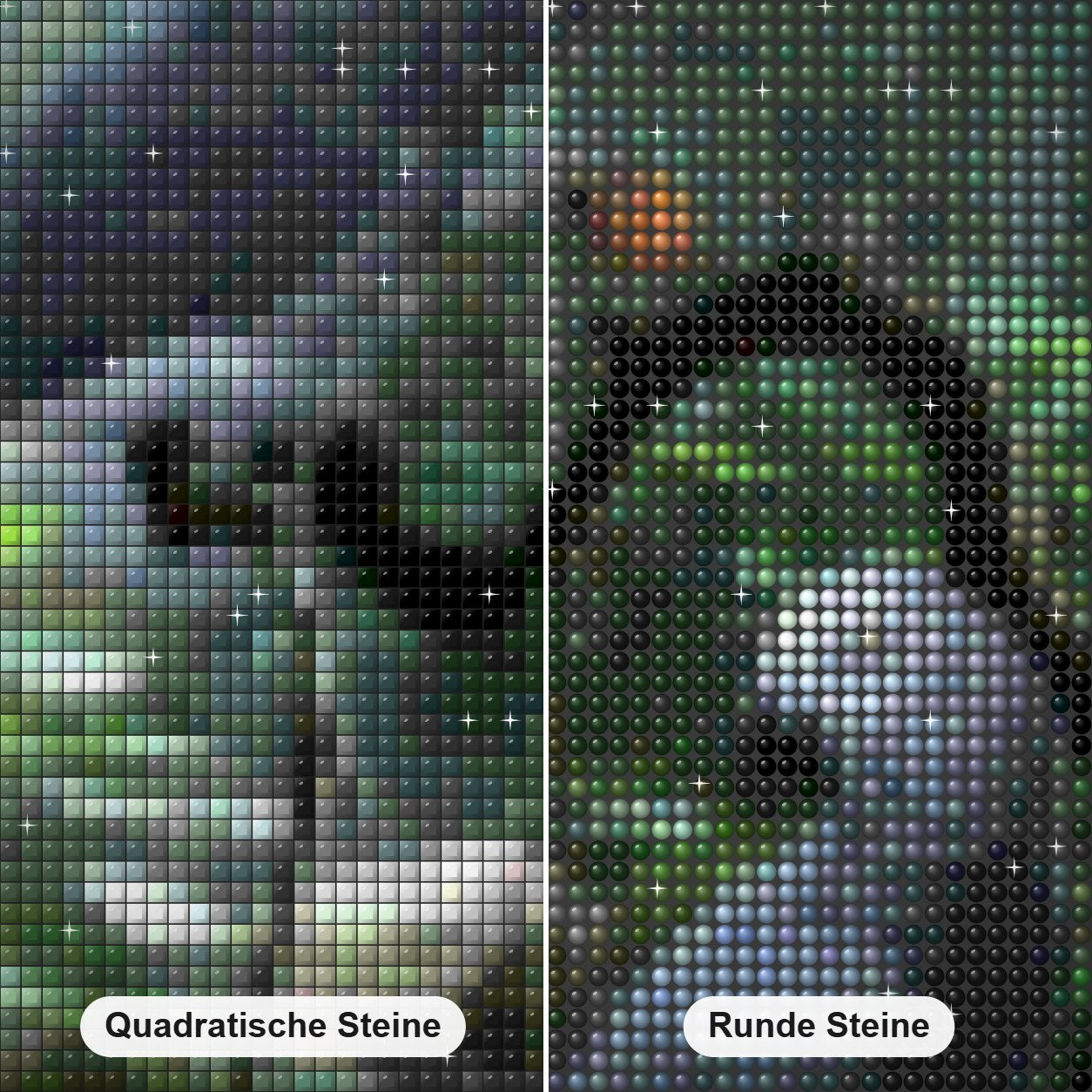 Afrikanische Graupapageien Diamond Painting Nahaufnahme mit quadratischen und runden Steinen