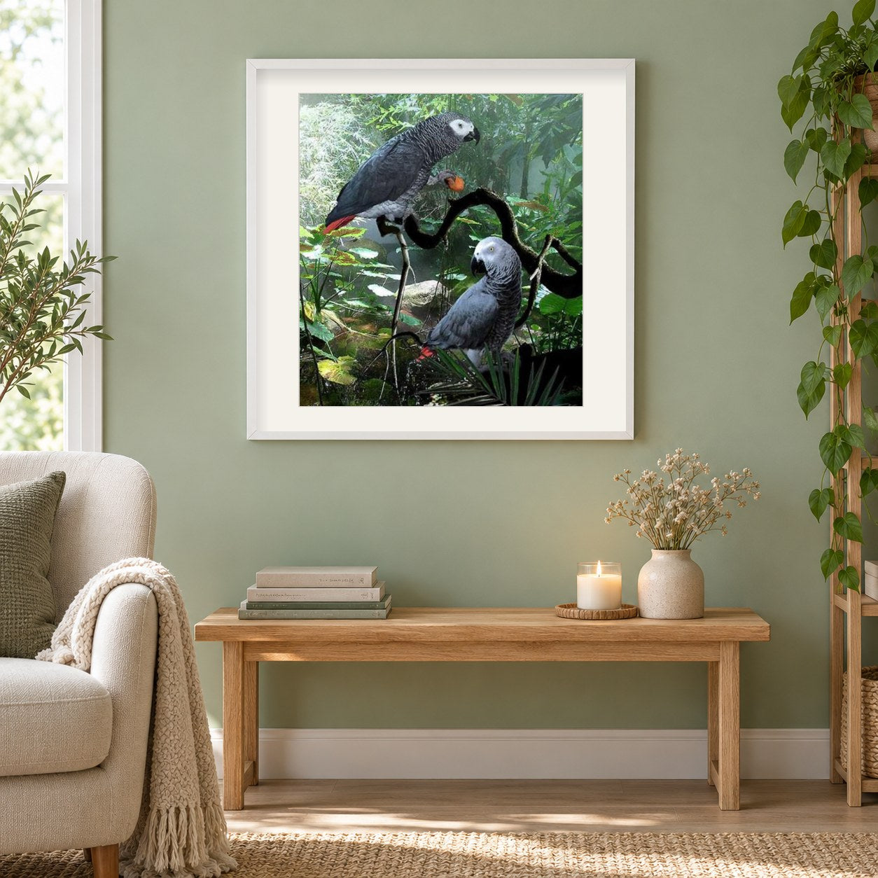 Afrikanische Graupapageien als gerahmtes Diamond Painting im Wohnzimmer