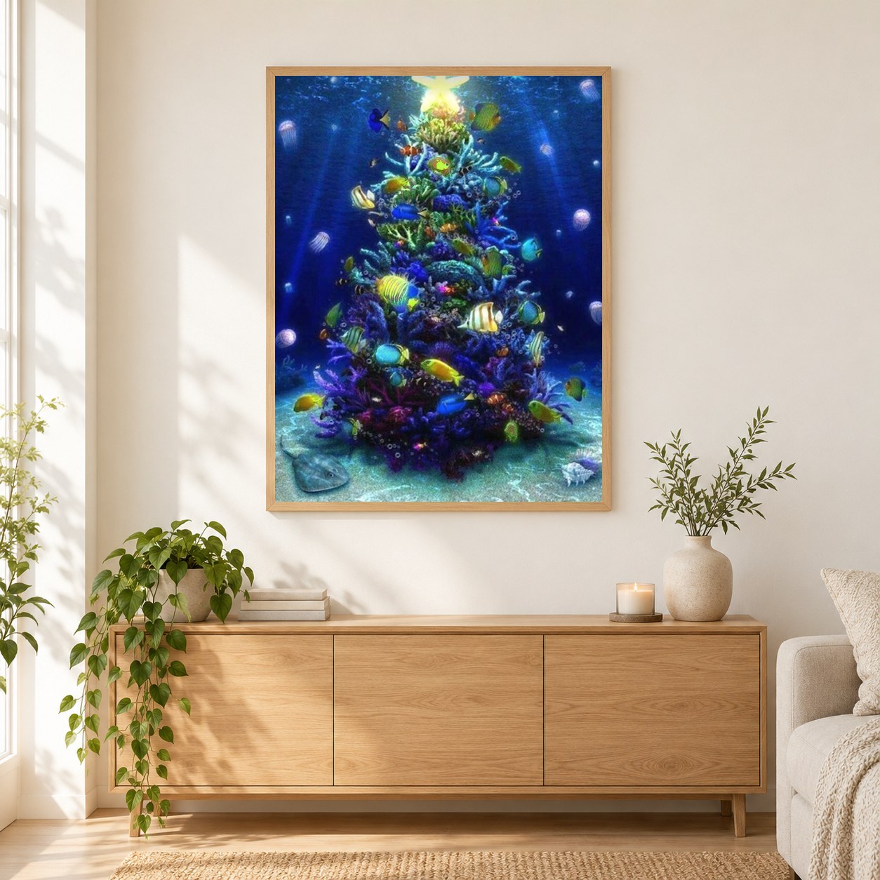 Korallen Weihnachtsbaum als gerahmtes Diamond Painting im Wohnzimmer