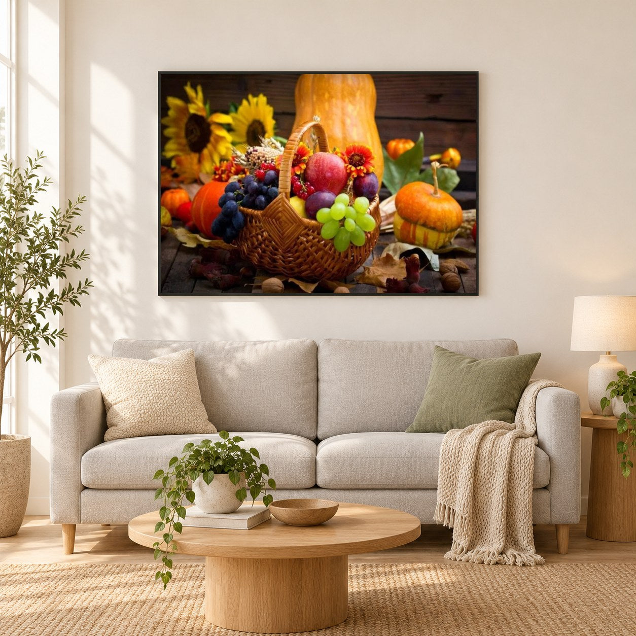 Korb voller frischer Früchte als gerahmtes Diamond Painting im Wohnzimmer