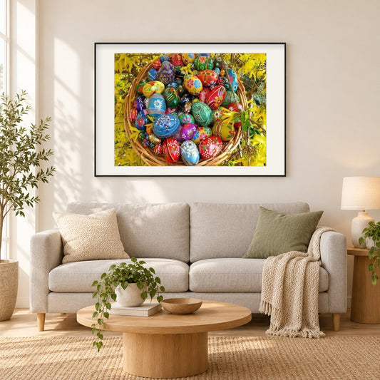 Korb voller Ostereier als gerahmtes Diamond Painting im Wohnzimmer