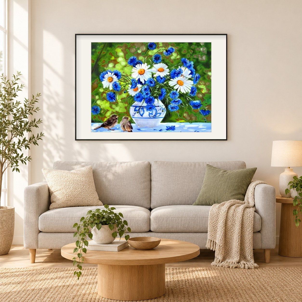 Kornblumen Gänseblümchen & Spatzen als gerahmtes Diamond Painting im Wohnzimmer