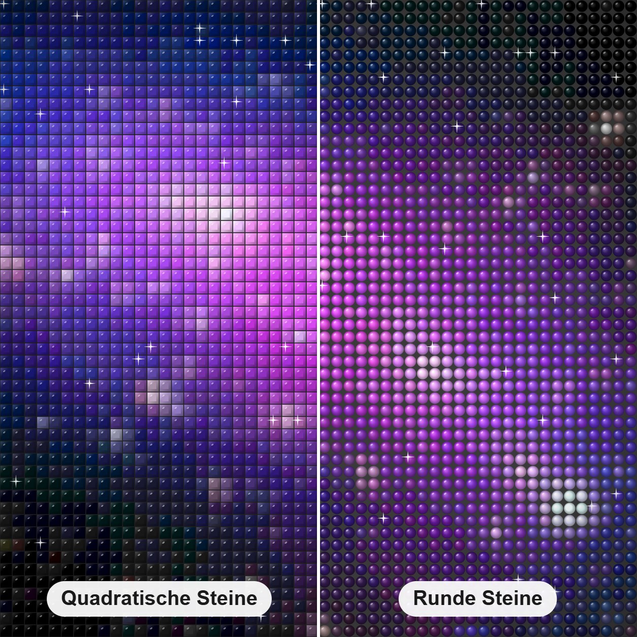 Kosmisches Kaleidoskop Diamond Painting Nahaufnahme mit quadratischen und runden Steinen