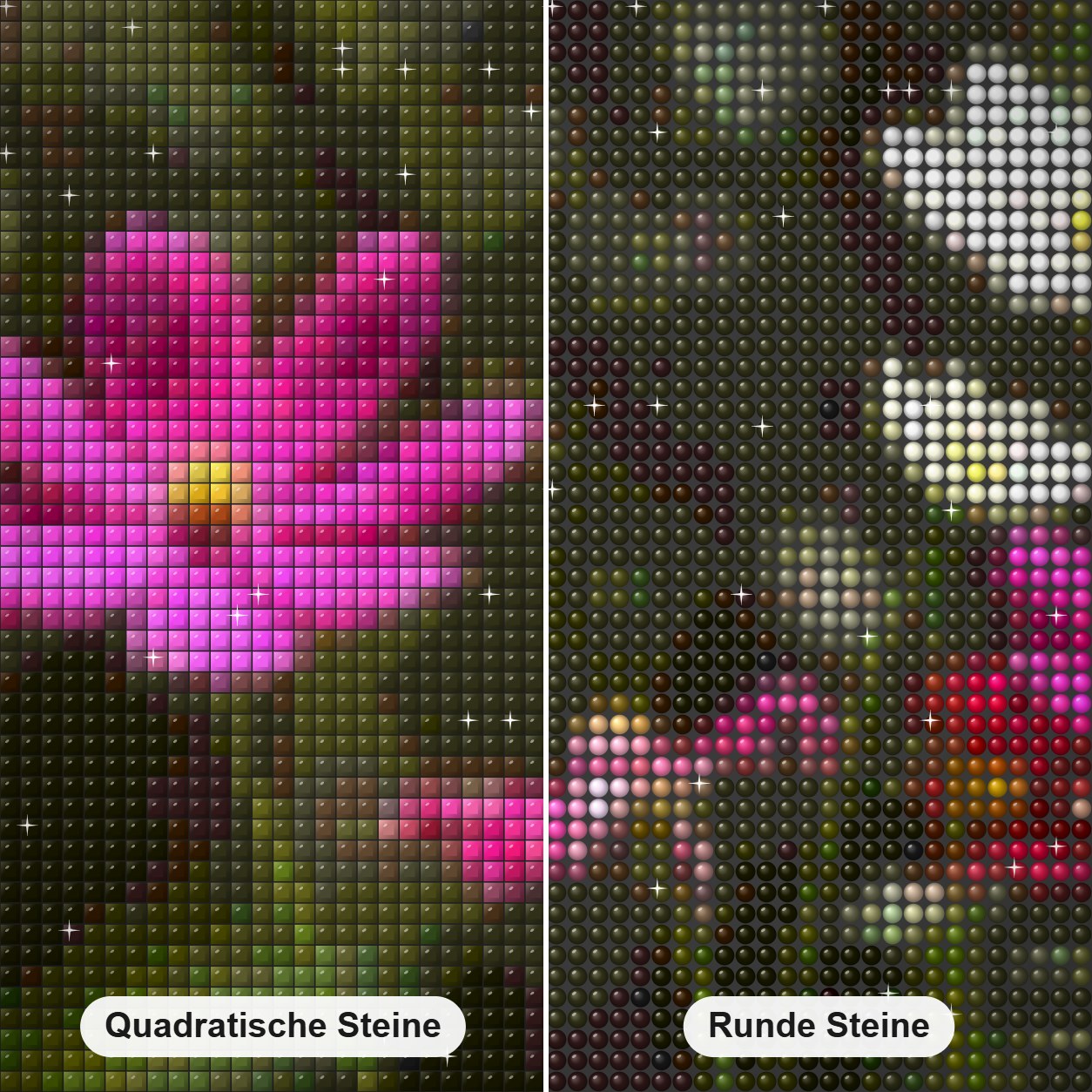 Kosmos Blumen Diamond Painting Nahaufnahme mit quadratischen und runden Steinen
