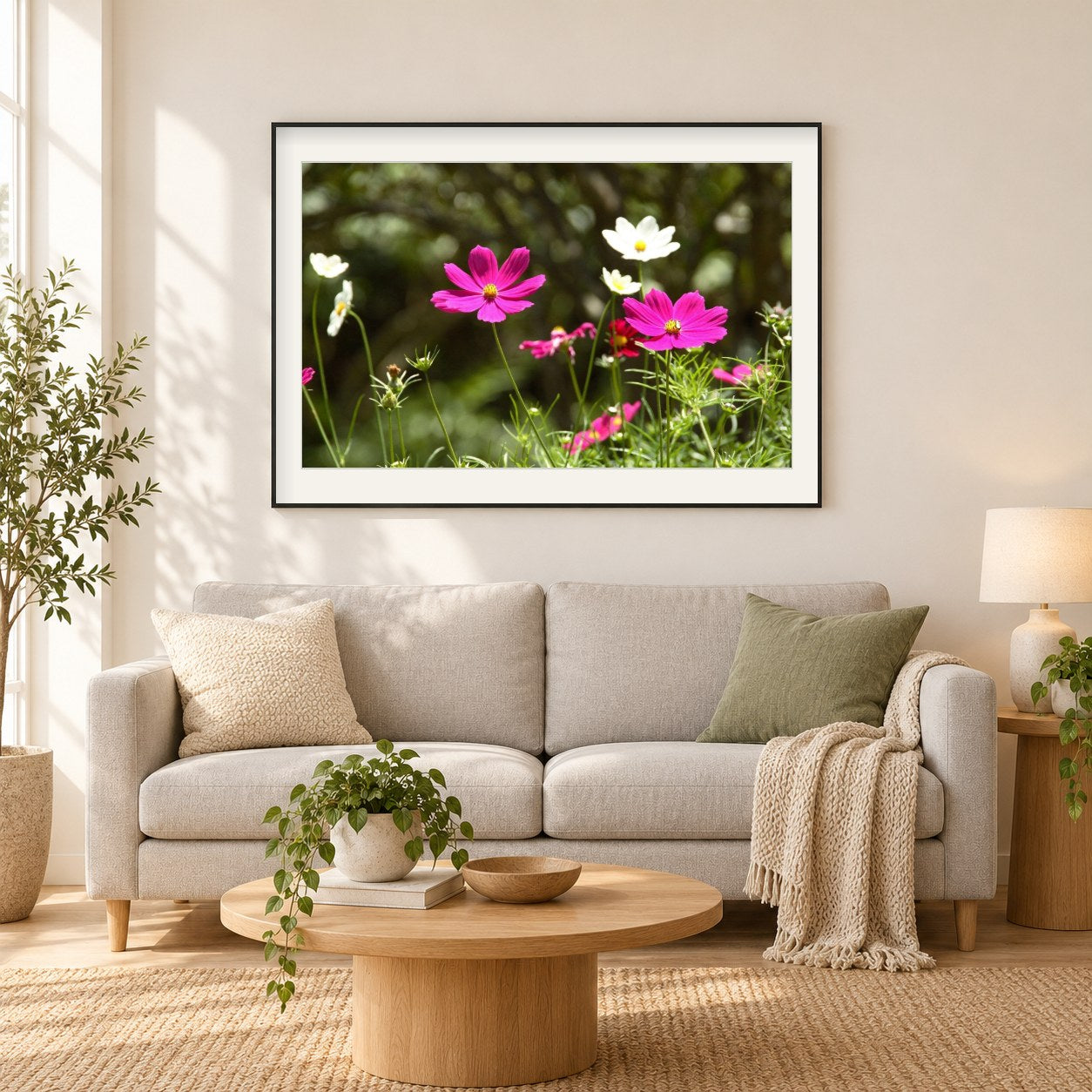Kosmos Blumen als gerahmtes Diamond Painting im Wohnzimmer