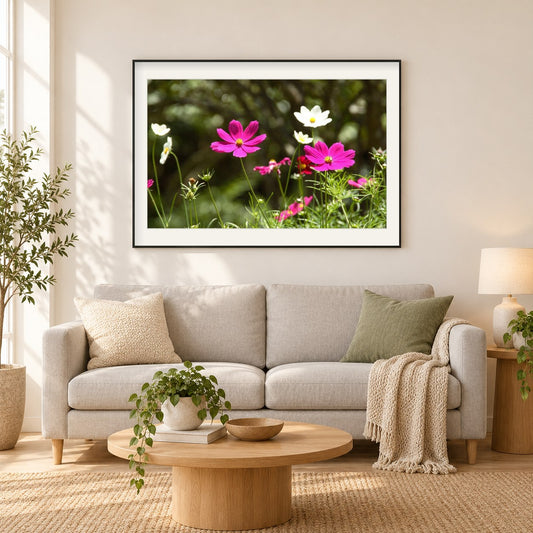 Kosmos Blumen als gerahmtes Diamond Painting im Wohnzimmer