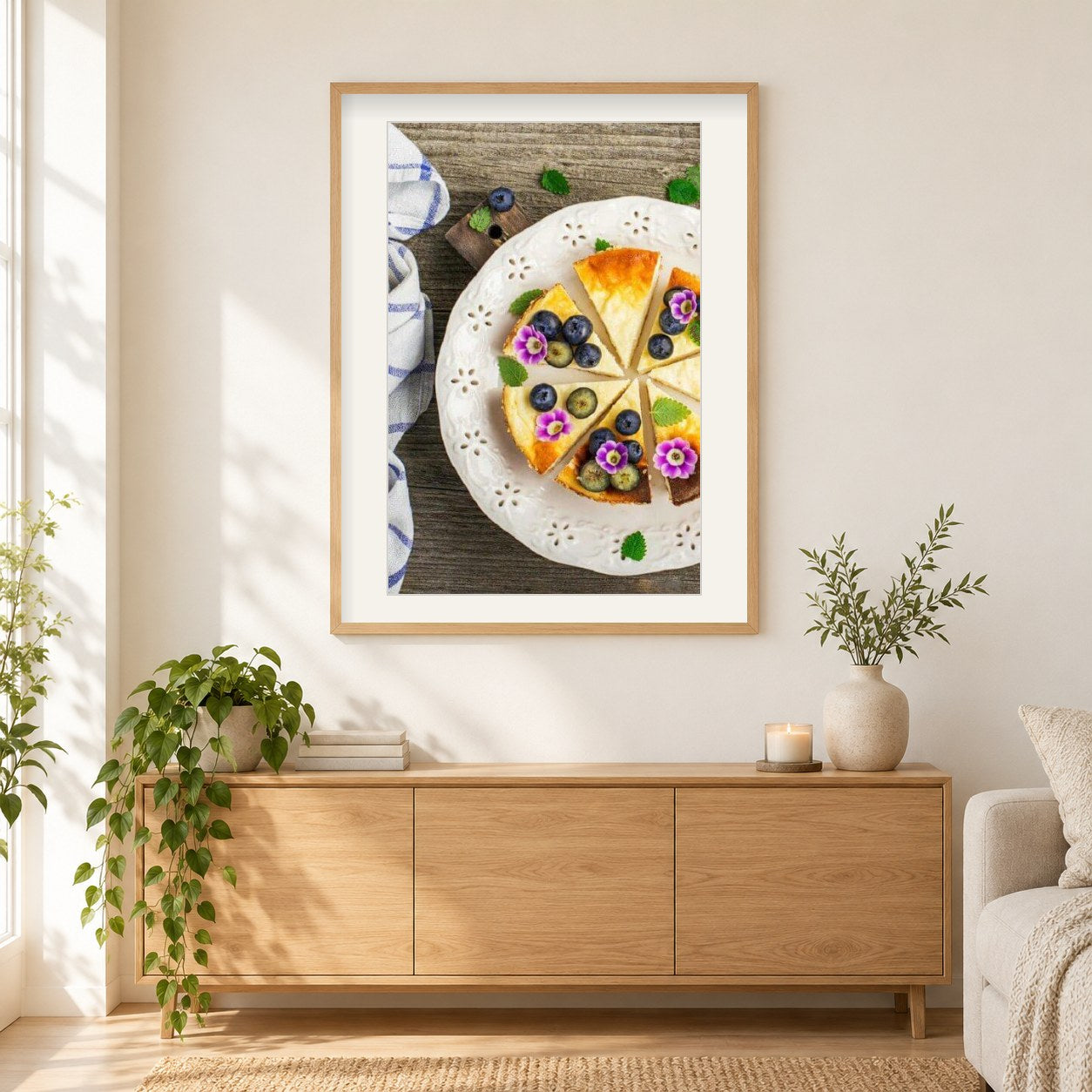 Köstlicher Blaubeerkuchen-Kuchen als gerahmtes Diamond Painting im Wohnzimmer