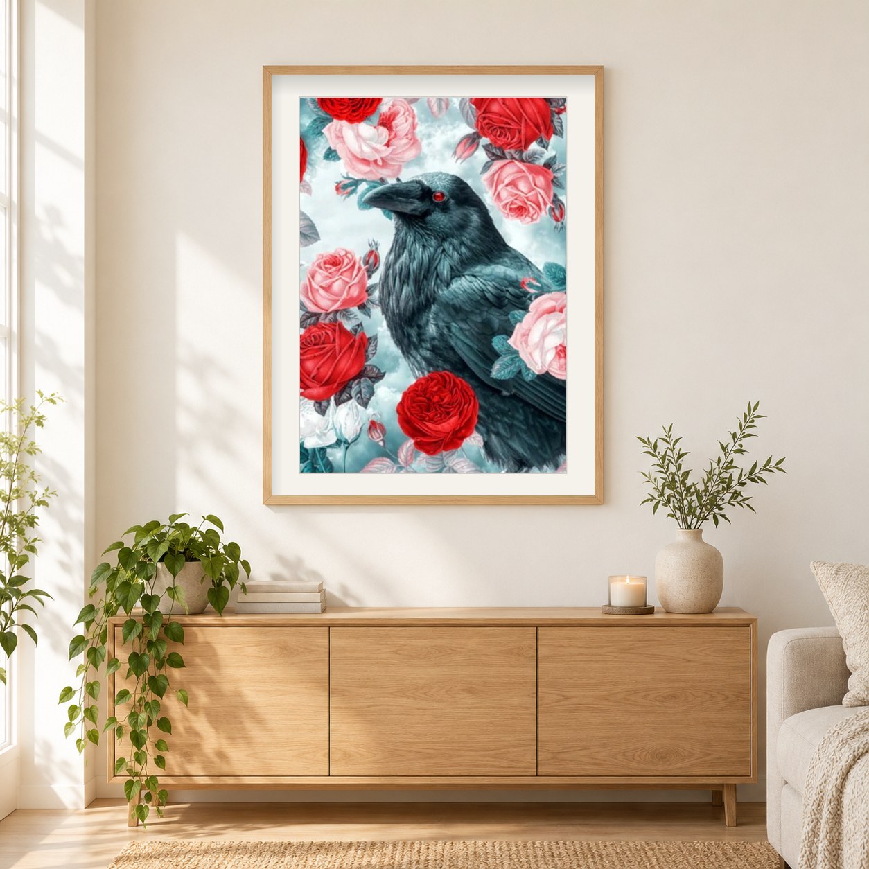 Krähe & Rosen als gerahmtes Diamond Painting im Wohnzimmer