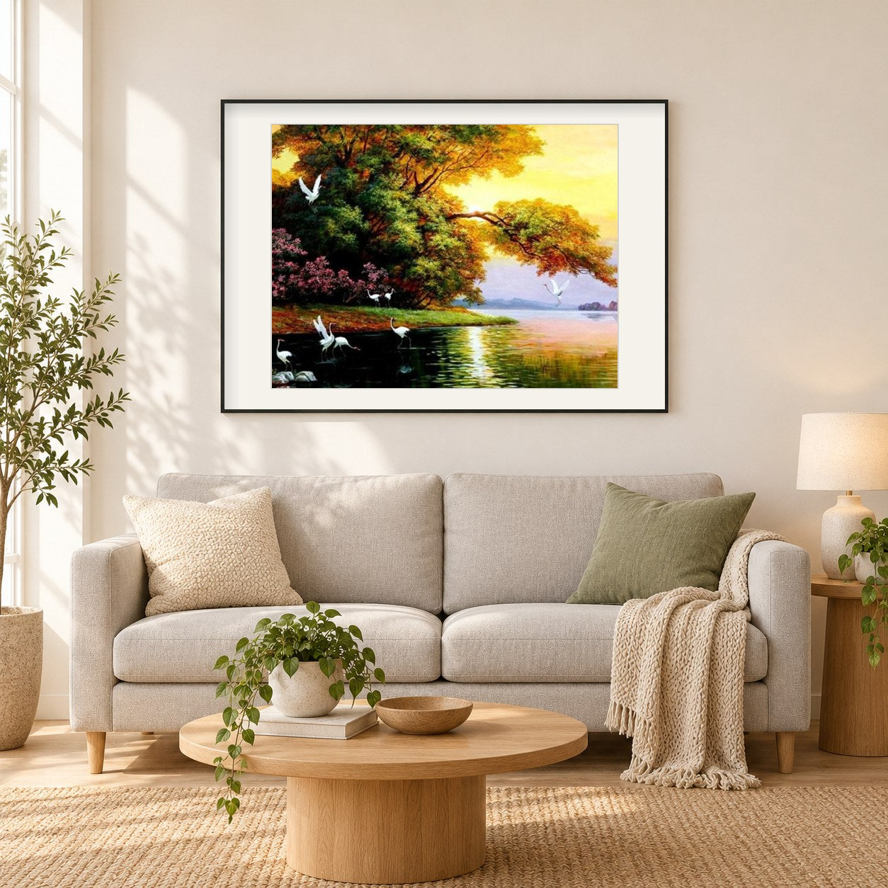 Kraniche im See als gerahmtes Diamond Painting im Wohnzimmer
