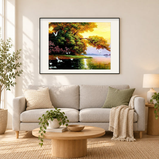 Kraniche im See als gerahmtes Diamond Painting im Wohnzimmer