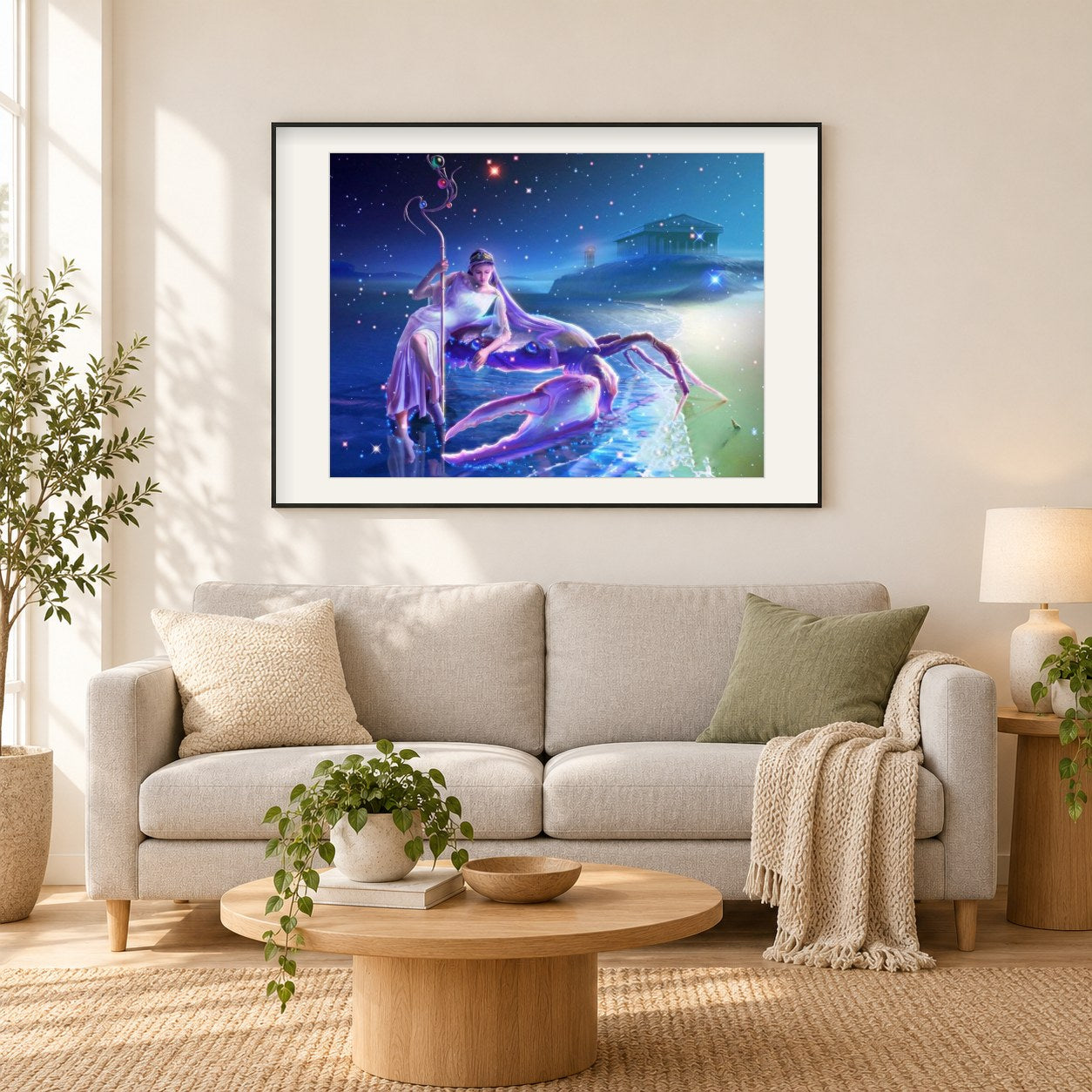 Krebs Tierkreis als gerahmtes Diamond Painting im Wohnzimmer
