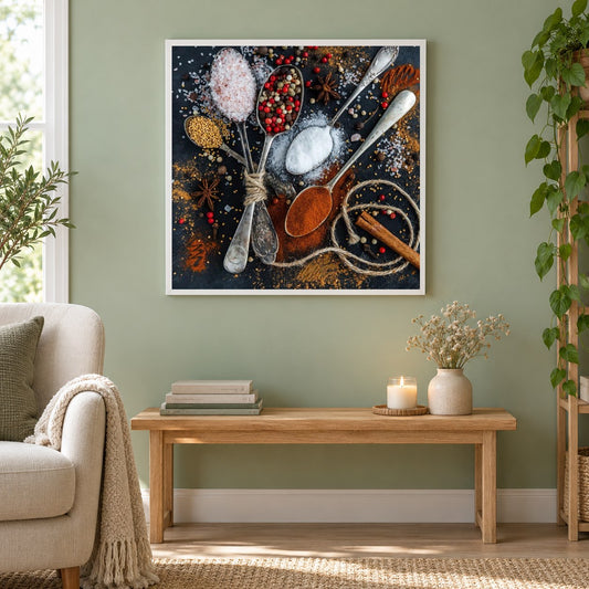 Küchengewürze als gerahmtes Diamond Painting im Wohnzimmer