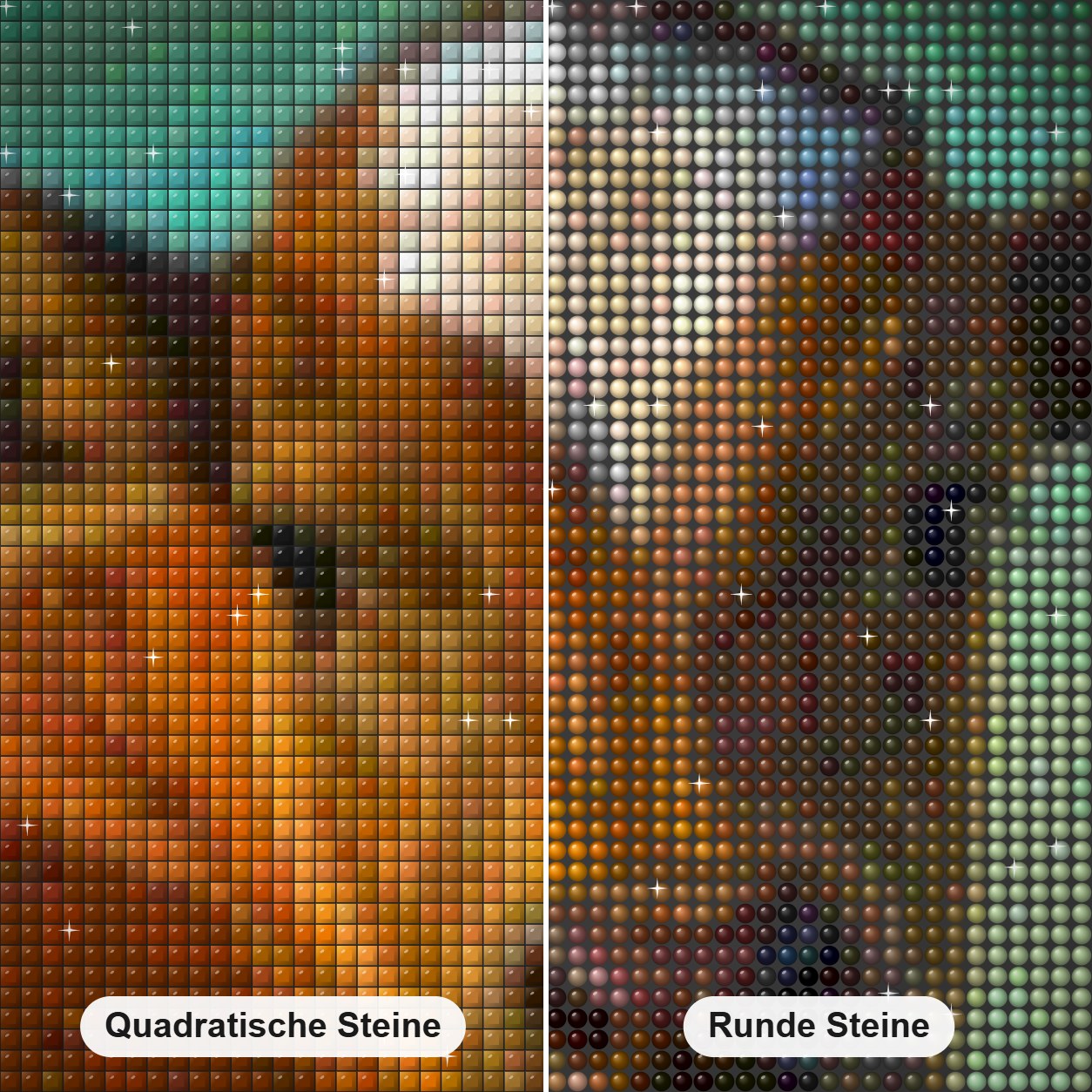 Kuh Diamond Painting Nahaufnahme mit quadratischen und runden Steinen