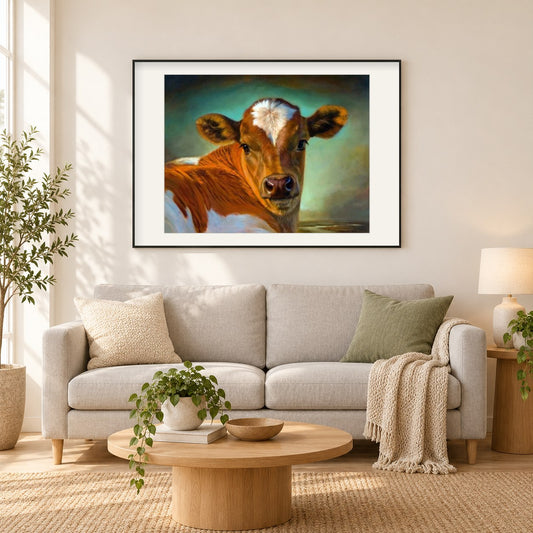Kuh als gerahmtes Diamond Painting im Wohnzimmer