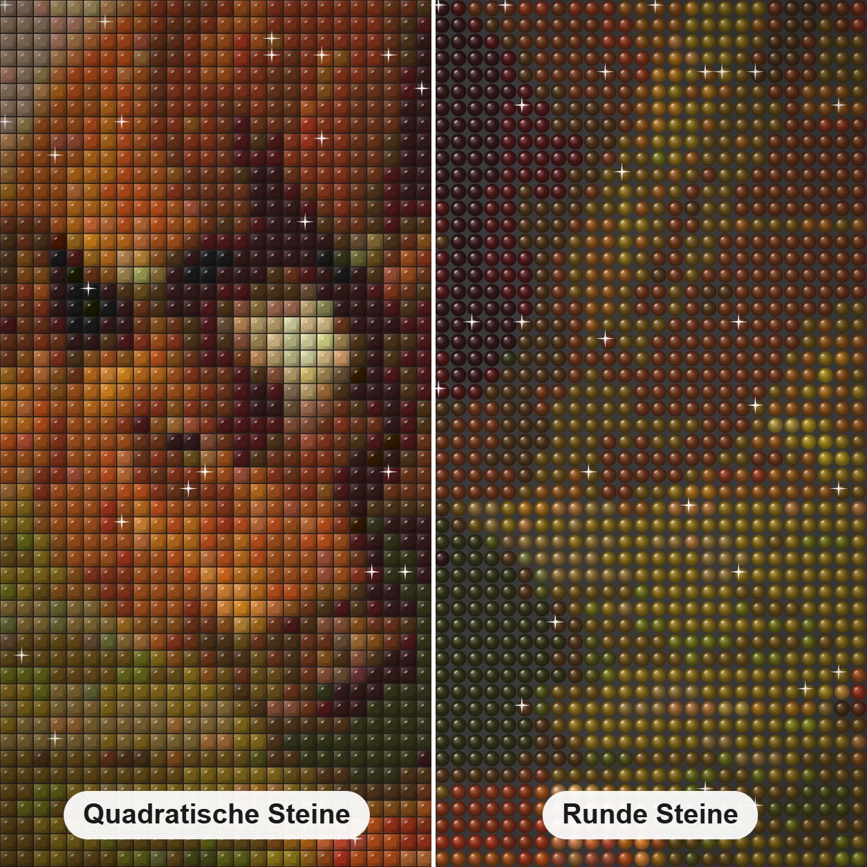 Kuh & Hühner auf dem Bauernhof Diamond Painting Nahaufnahme mit quadratischen und runden Steinen