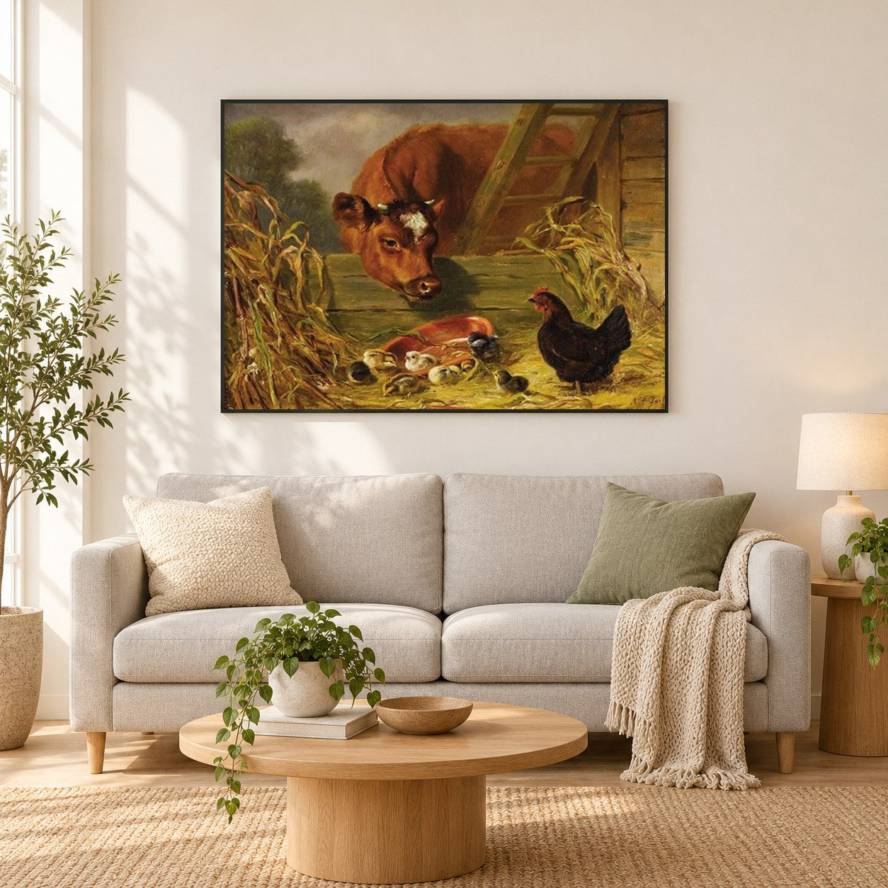 Kuh & Hühner auf dem Bauernhof als gerahmtes Diamond Painting im Wohnzimmer