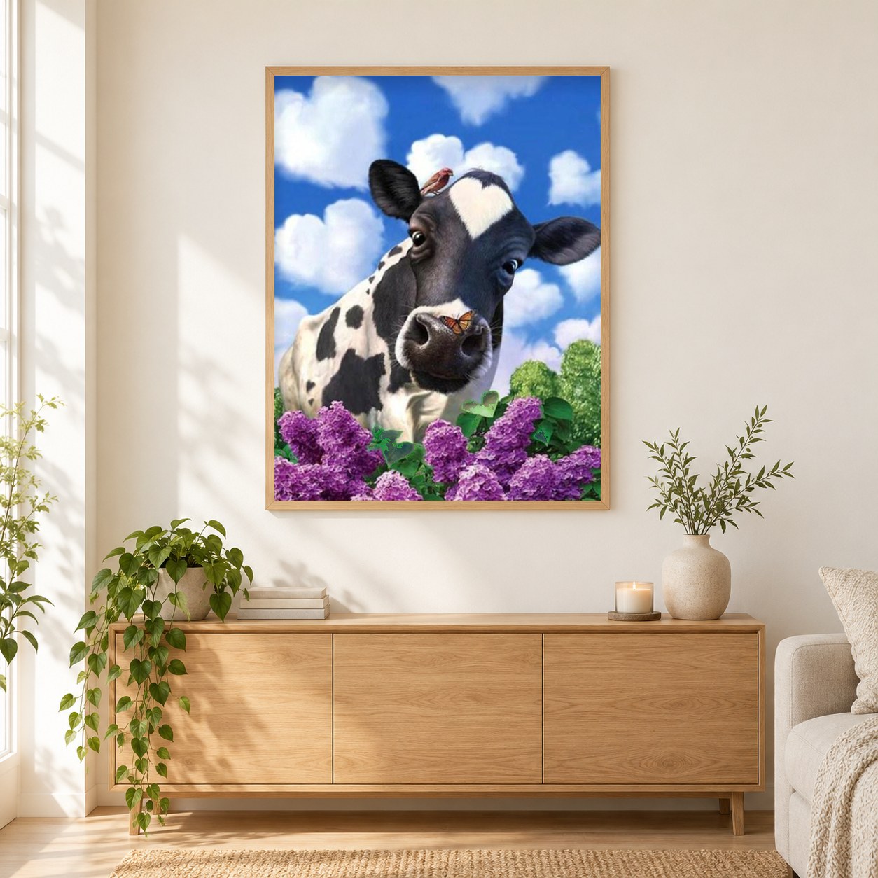 Kuh & Lavendel als gerahmtes Diamond Painting im Wohnzimmer
