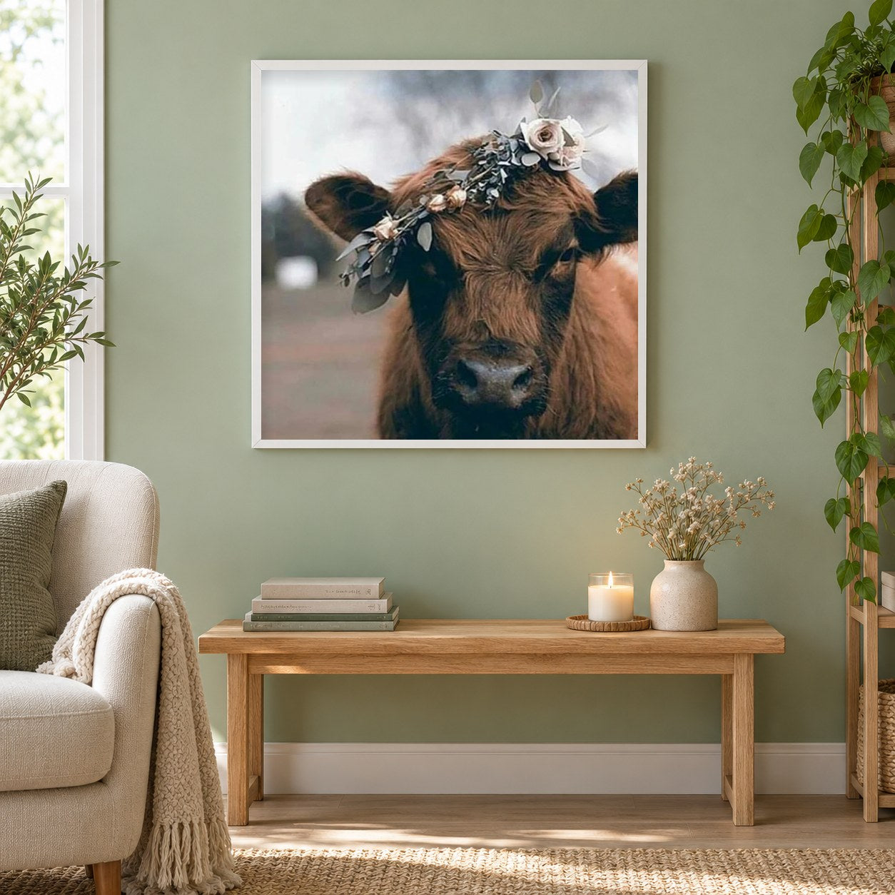 Kuh trägt Blumen Krone als gerahmtes Diamond Painting im Wohnzimmer