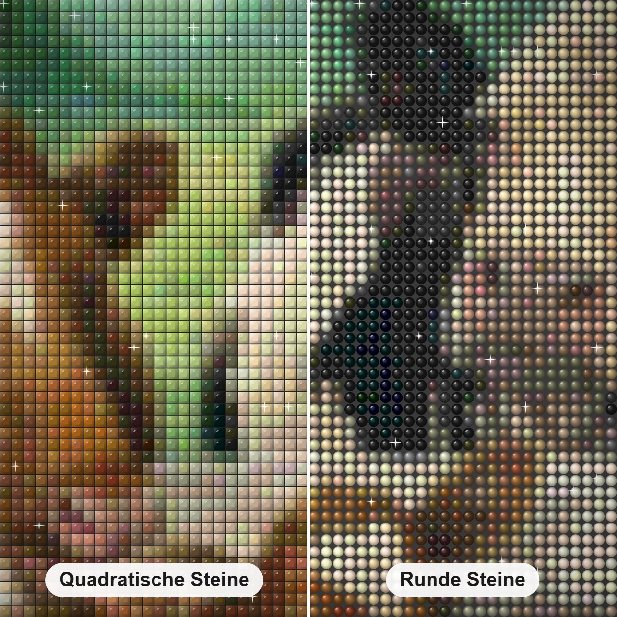 Kuhfamilie Diamond Painting Nahaufnahme mit quadratischen und runden Steinen