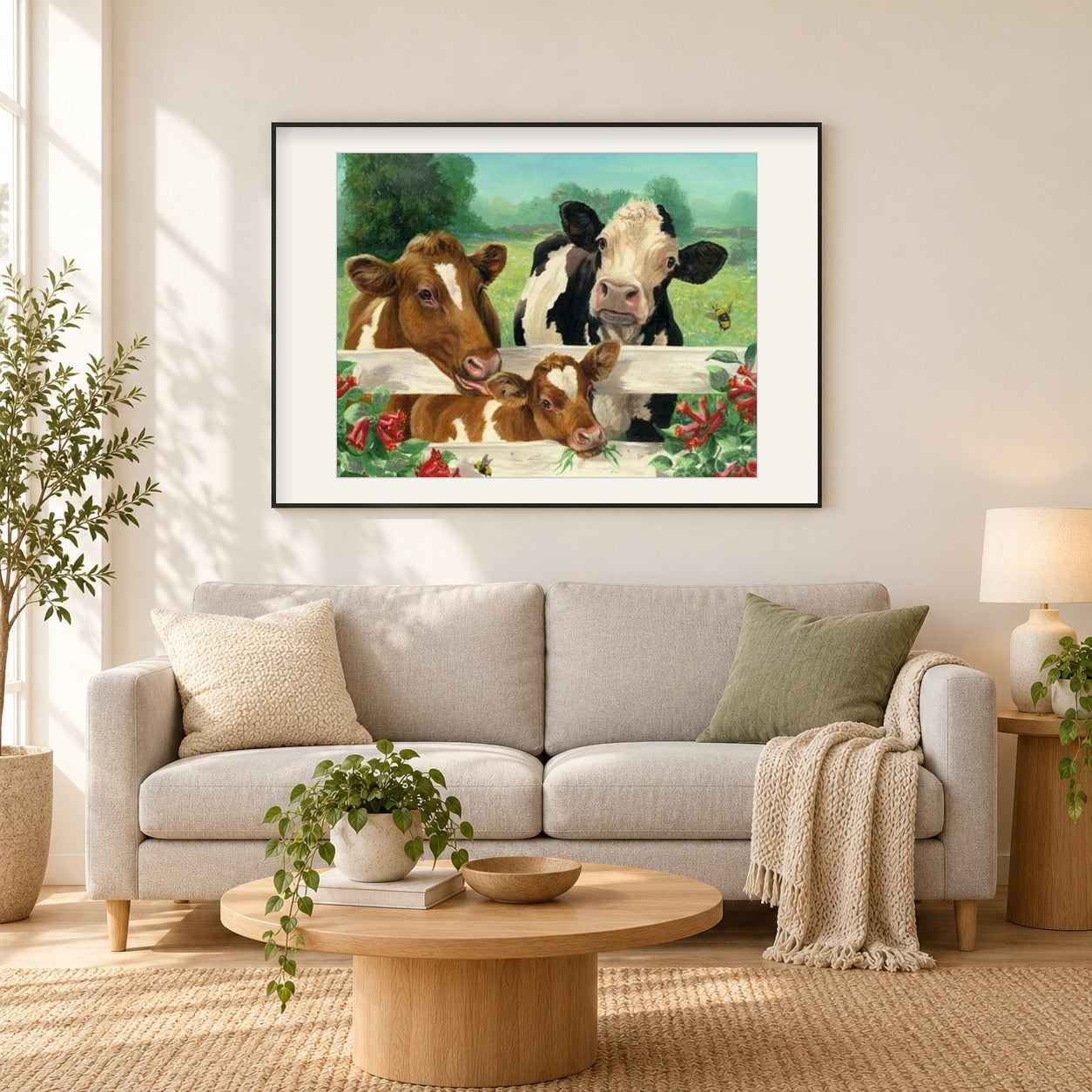 Kuhfamilie als gerahmtes Diamond Painting im Wohnzimmer