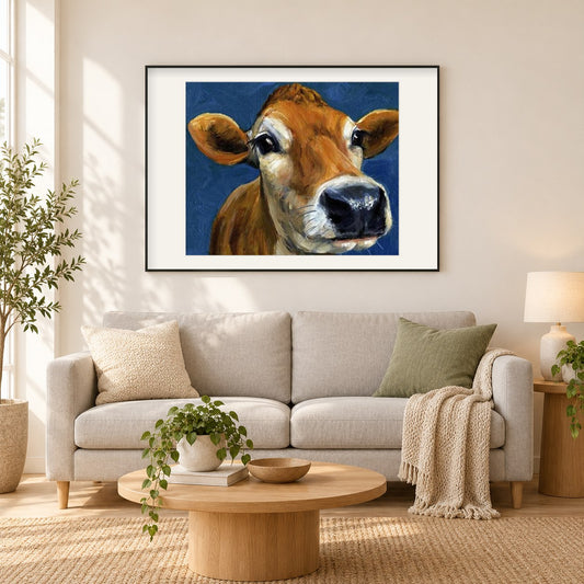 Kuhgesicht aus der Nähe als gerahmtes Diamond Painting im Wohnzimmer