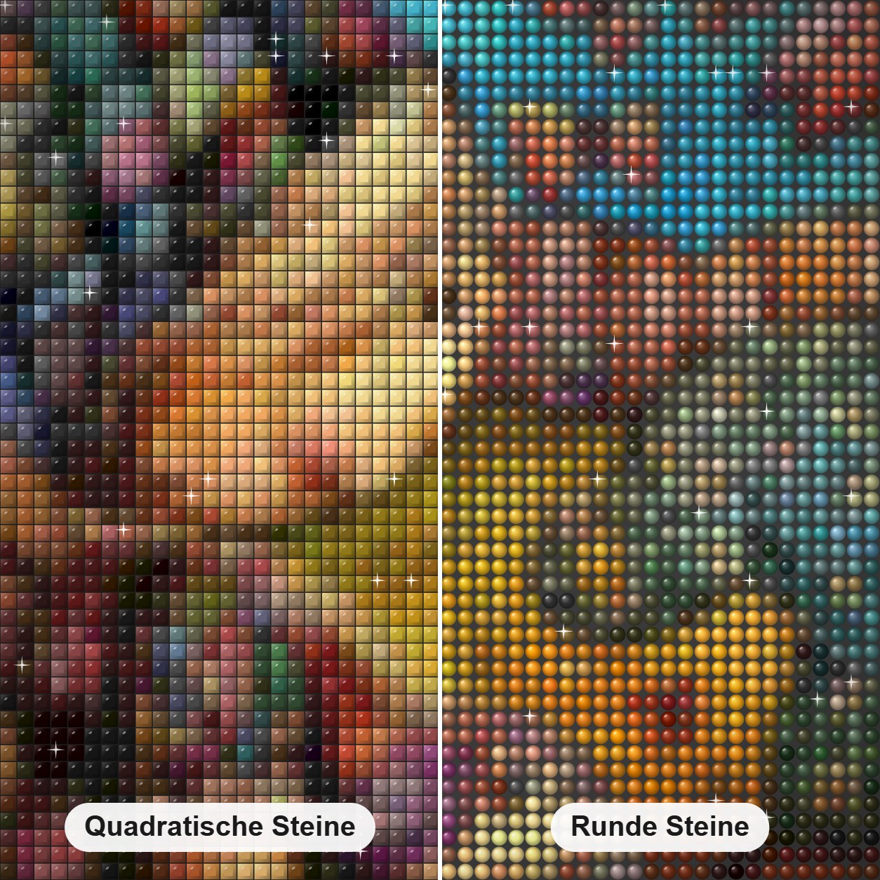 Kunst von Karin Taylor Diamond Painting Nahaufnahme mit quadratischen und runden Steinen