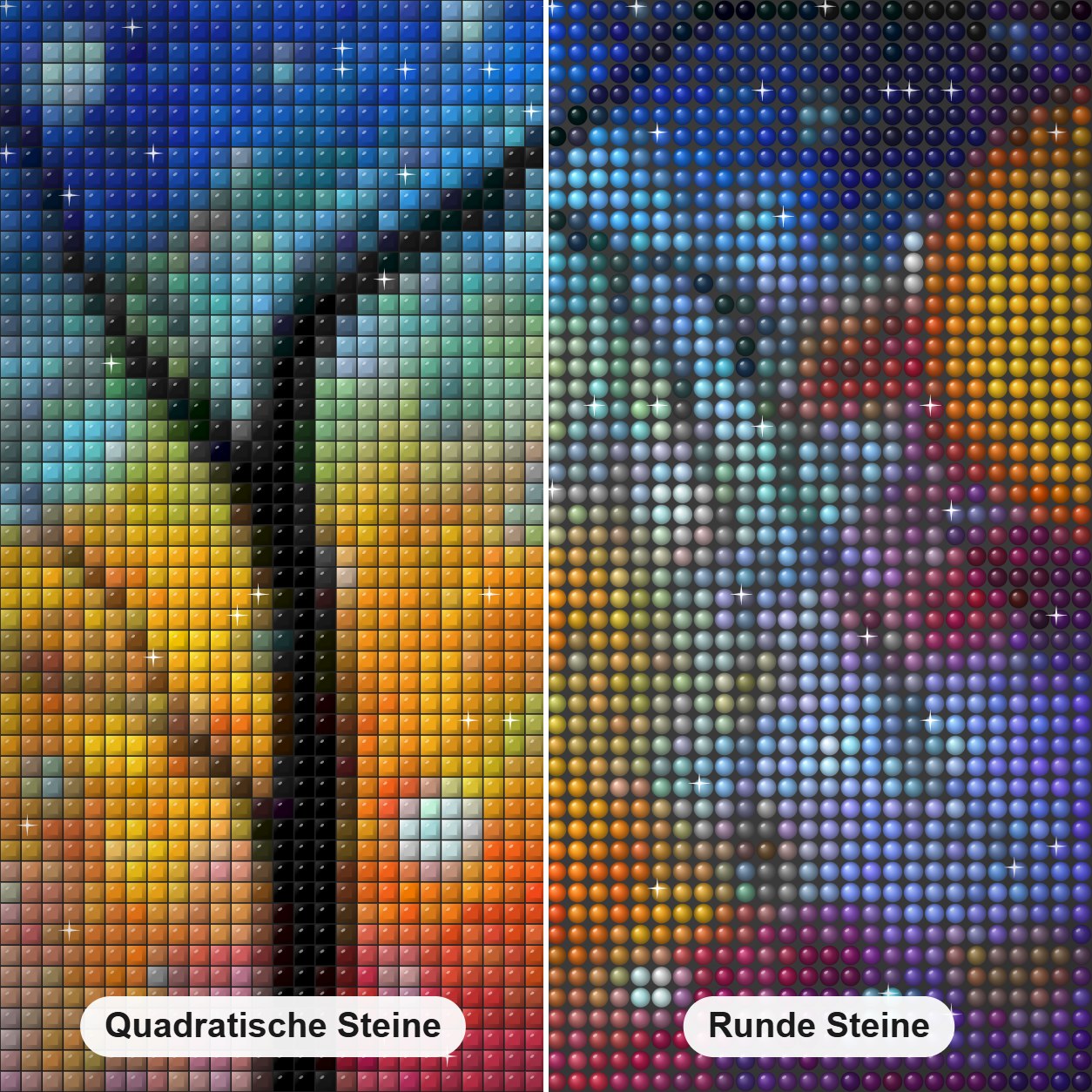 Künstlerische Baum Diamond Painting Nahaufnahme mit quadratischen und runden Steinen