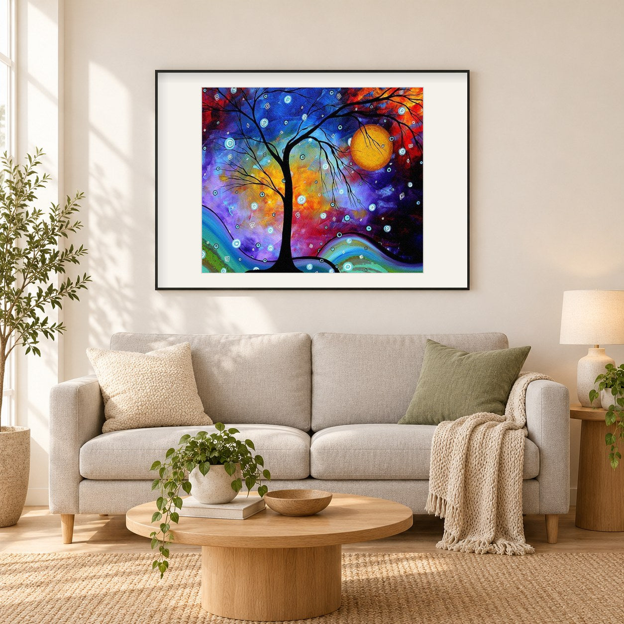 Künstlerische Baum als gerahmtes Diamond Painting im Wohnzimmer
