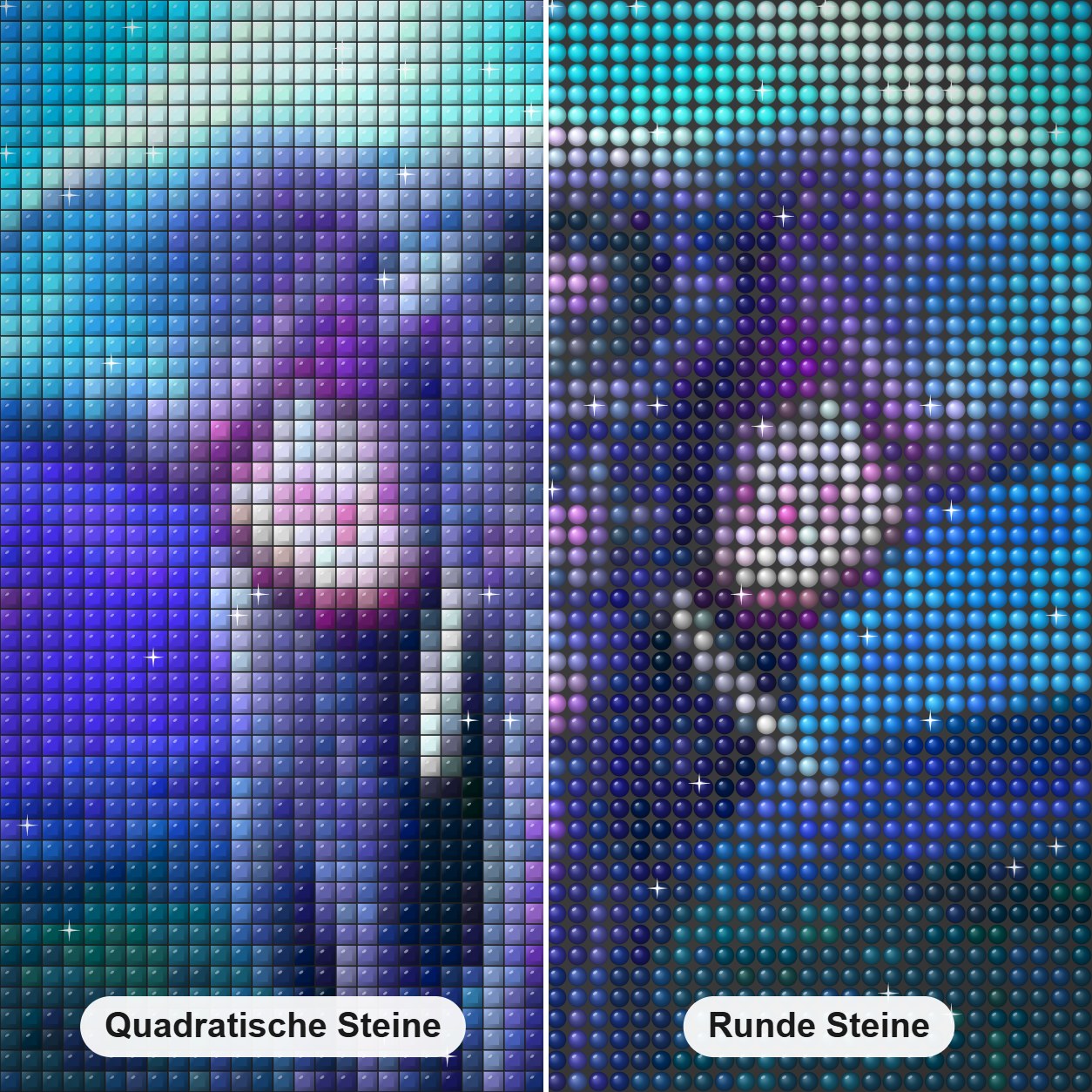 Künstlerische Elefanten Diamond Painting Nahaufnahme mit quadratischen und runden Steinen