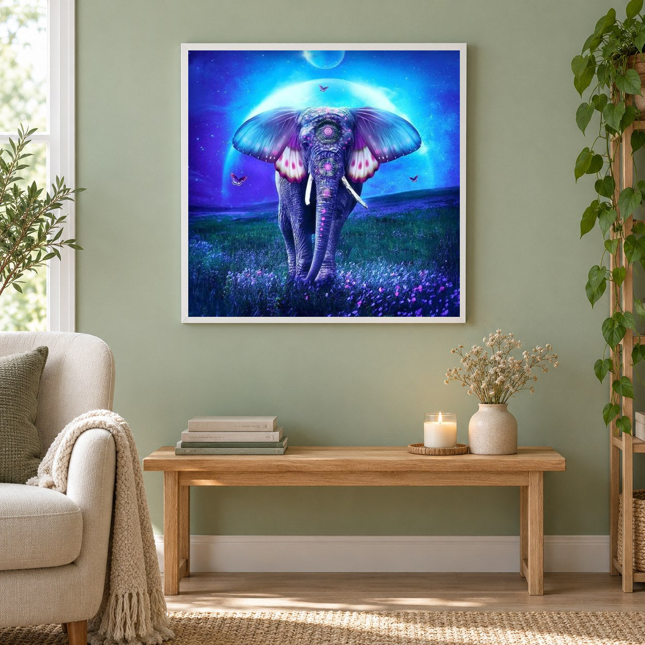 Künstlerische Elefanten als gerahmtes Diamond Painting im Wohnzimmer
