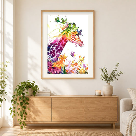 Künstlerische Giraffe als gerahmtes Diamond Painting im Wohnzimmer
