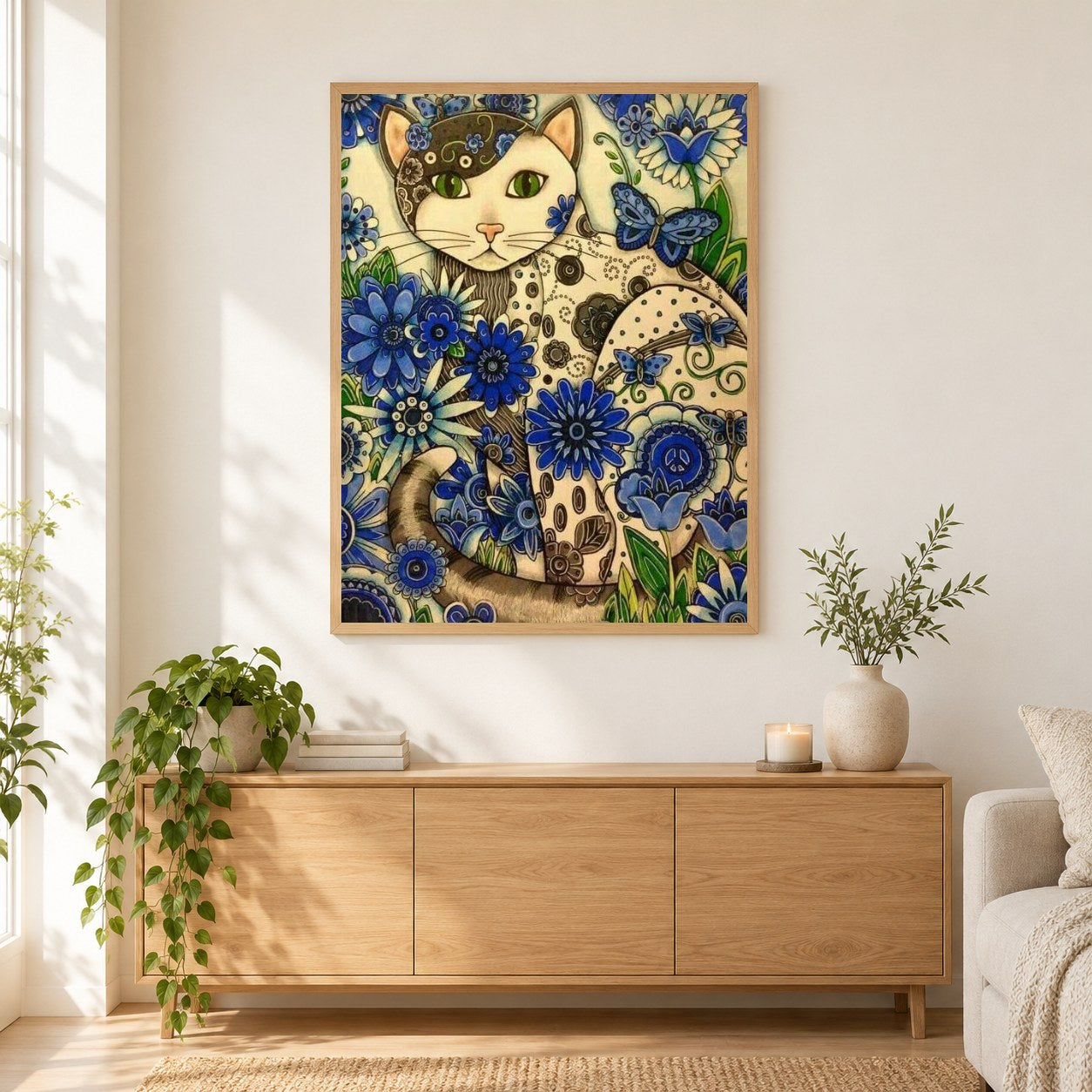 Künstlerische Katze als gerahmtes Diamond Painting im Wohnzimmer
