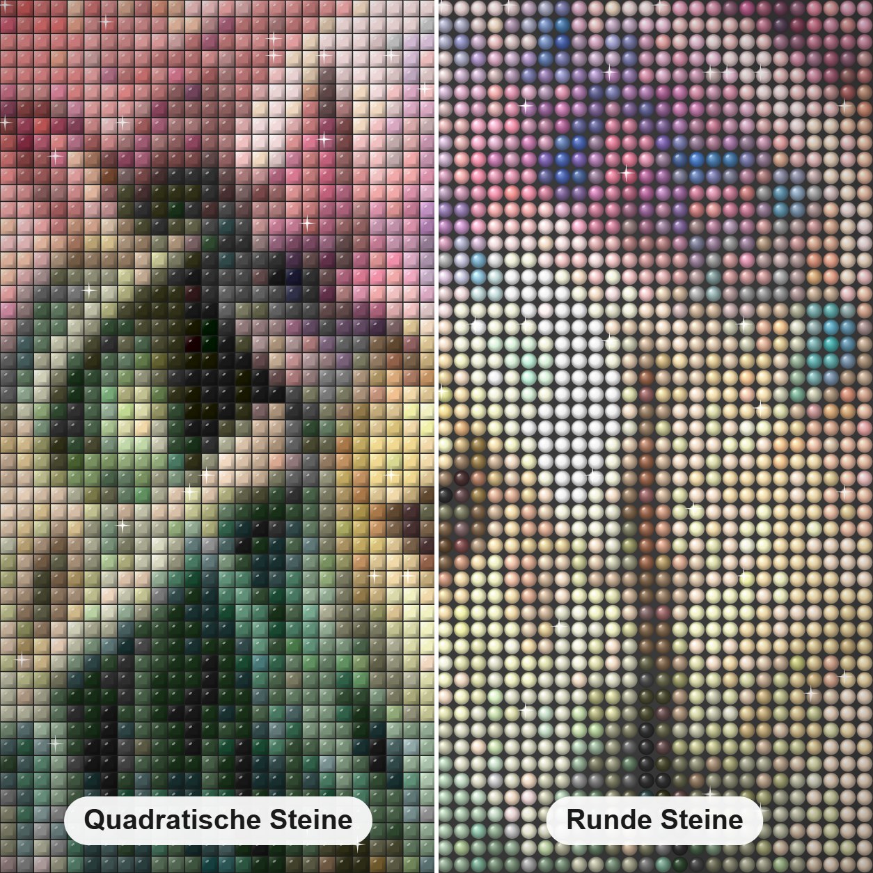 Künstlerisches Einhorn Diamond Painting Nahaufnahme mit quadratischen und runden Steinen