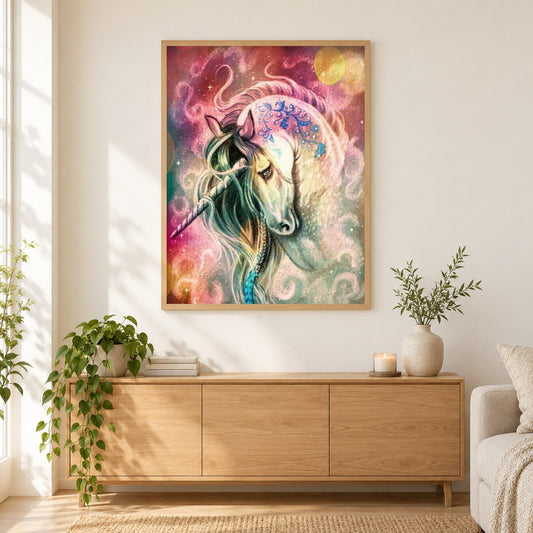 Künstlerisches Einhorn als gerahmtes Diamond Painting im Wohnzimmer