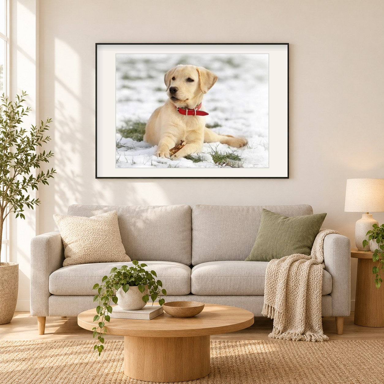 Labrador Welpe im Schnee als gerahmtes Diamond Painting im Wohnzimmer