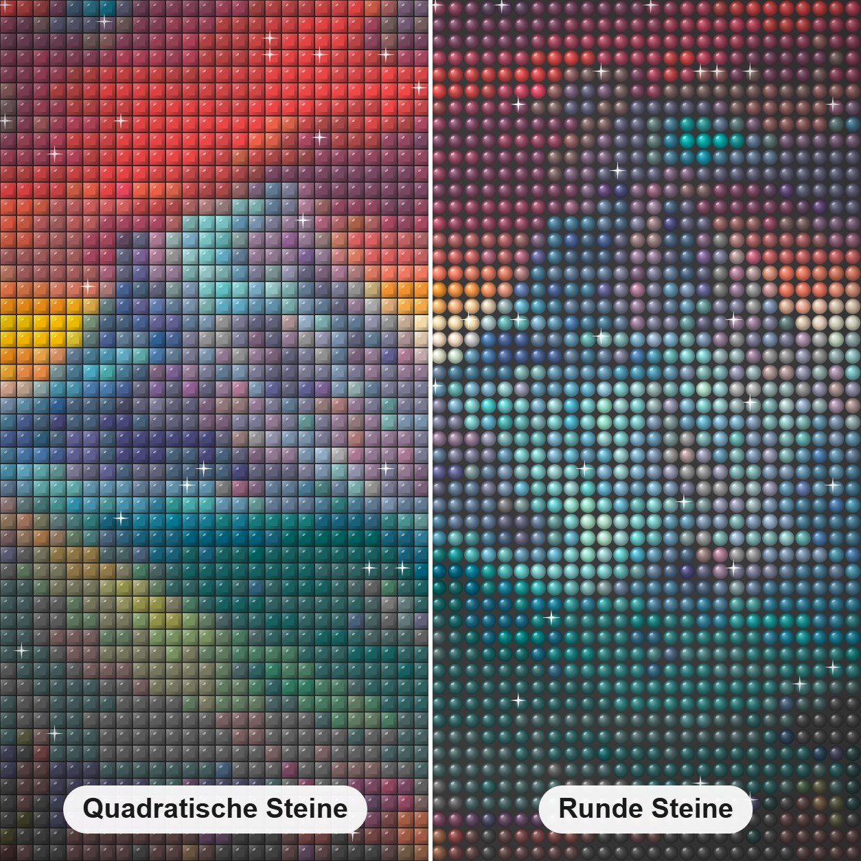Damen in rot - Kunst des Jonn Einerssen Diamond Painting Nahaufnahme mit quadratischen und runden Steinen