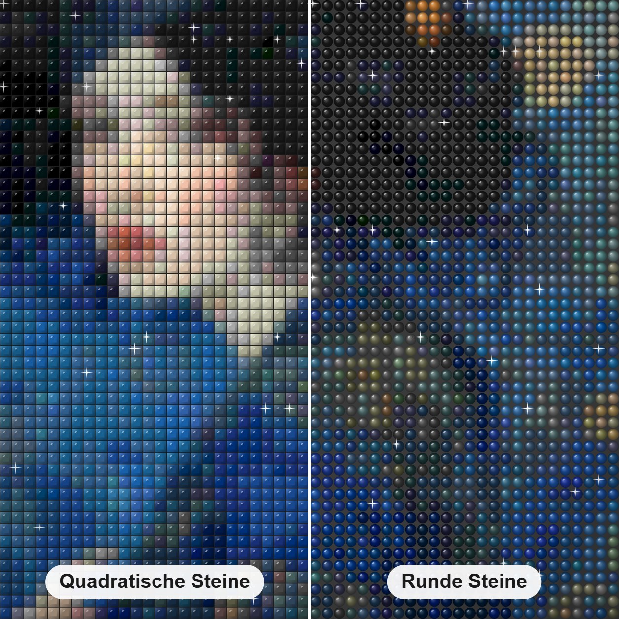 Dame in Gold und Blau Diamond Painting Nahaufnahme mit quadratischen und runden Steinen