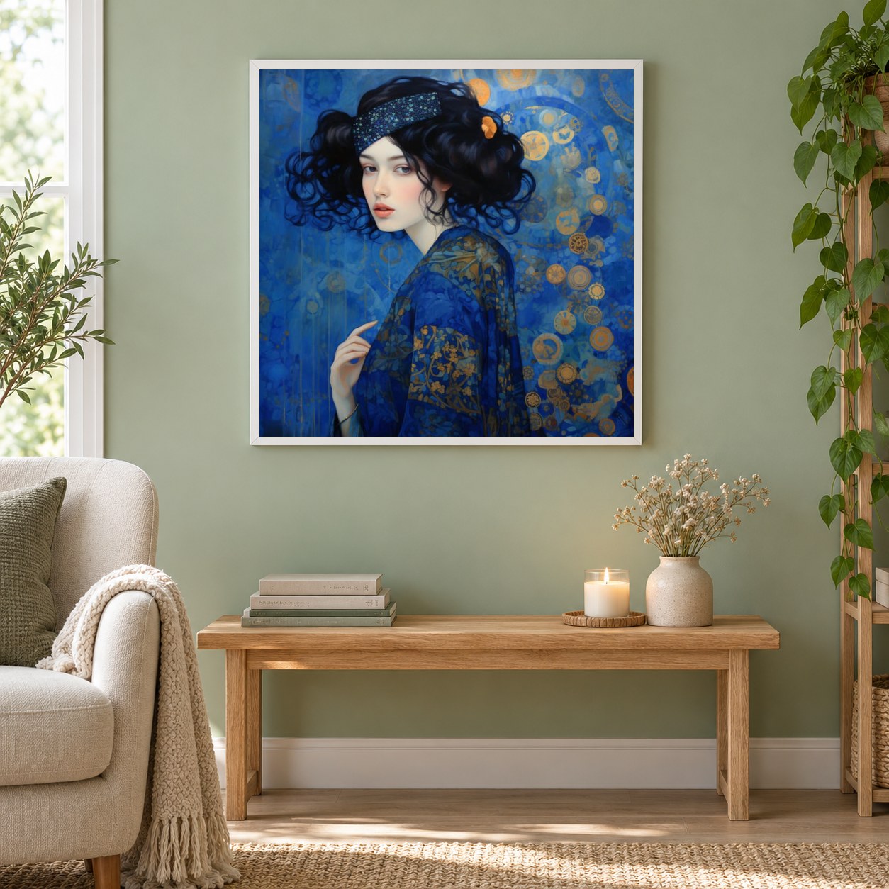 Dame in Gold und Blau als gerahmtes Diamond Painting im Wohnzimmer