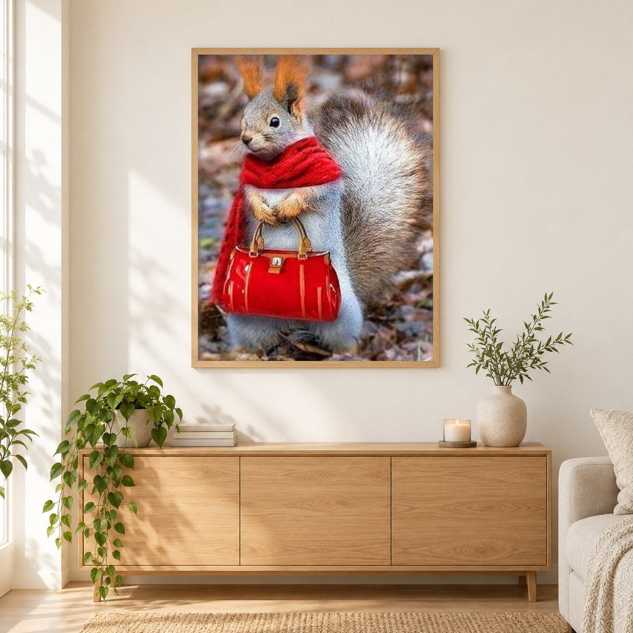 Lady Squirrel - Diamant Malerei-Kit als gerahmtes Diamond Painting im Wohnzimmer
