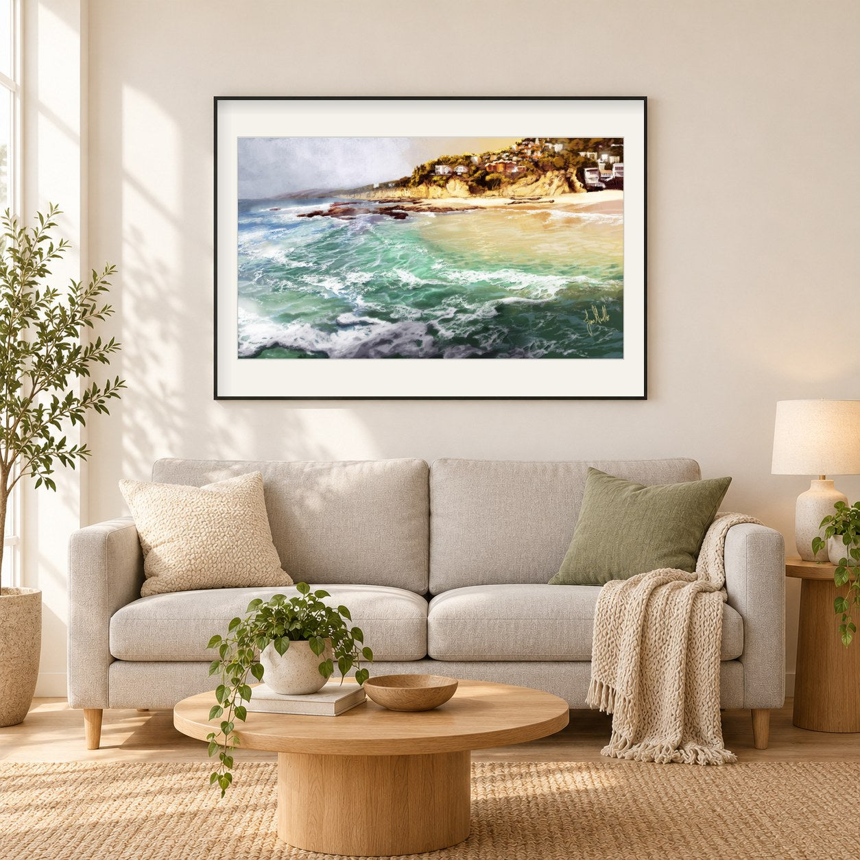 Lagunenstrand - Kunst des Jean Guillet als gerahmtes Diamond Painting im Wohnzimmer
