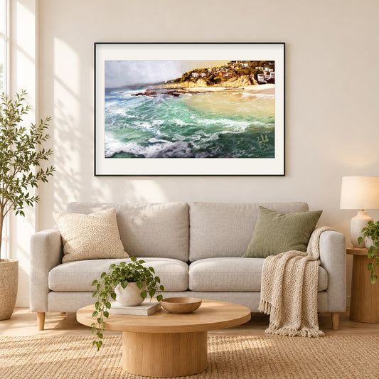 Lagunenstrand - Kunst des Jean Guillet als gerahmtes Diamond Painting im Wohnzimmer
