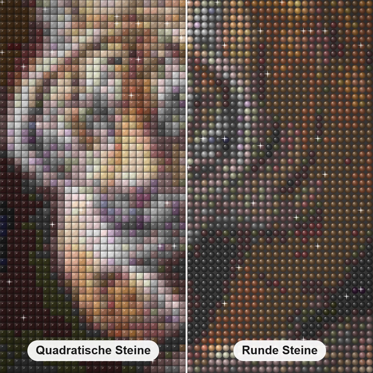 Versteck des Menschenfressers -  Kunst des Eric Wilson Diamond Painting Nahaufnahme mit quadratischen und runden Steinen