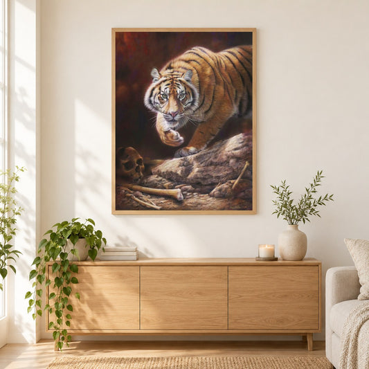 Versteck des Menschenfressers -  Kunst des Eric Wilson als gerahmtes Diamond Painting im Wohnzimmer