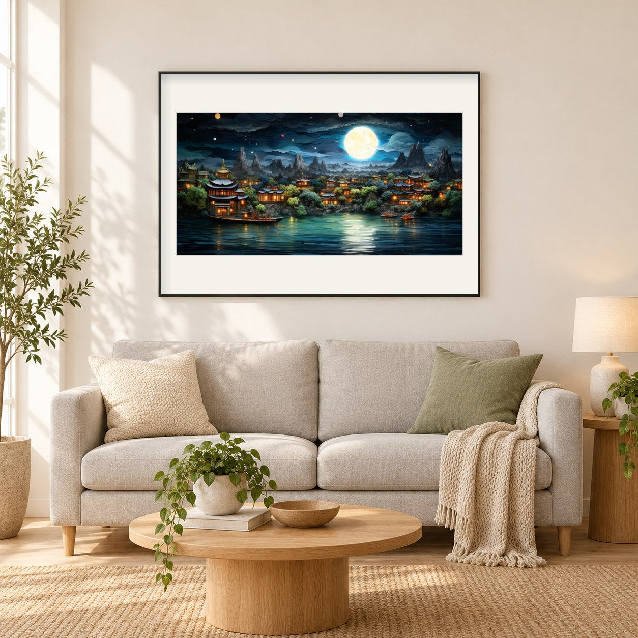 Seeseitenansicht mit Mond als gerahmtes Diamond Painting im Wohnzimmer