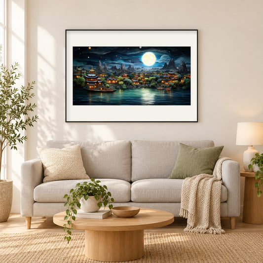 Seeseitenansicht mit Mond als gerahmtes Diamond Painting im Wohnzimmer