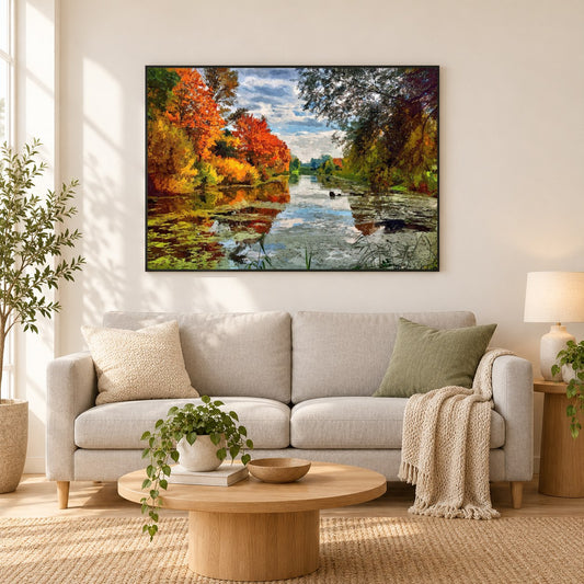 Herbstbäume am See - Kunst des Denise Dundon als gerahmtes Diamond Painting im Wohnzimmer