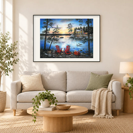 Rückzugsort am See -Kunst des Robert Andrea als gerahmtes Diamond Painting im Wohnzimmer