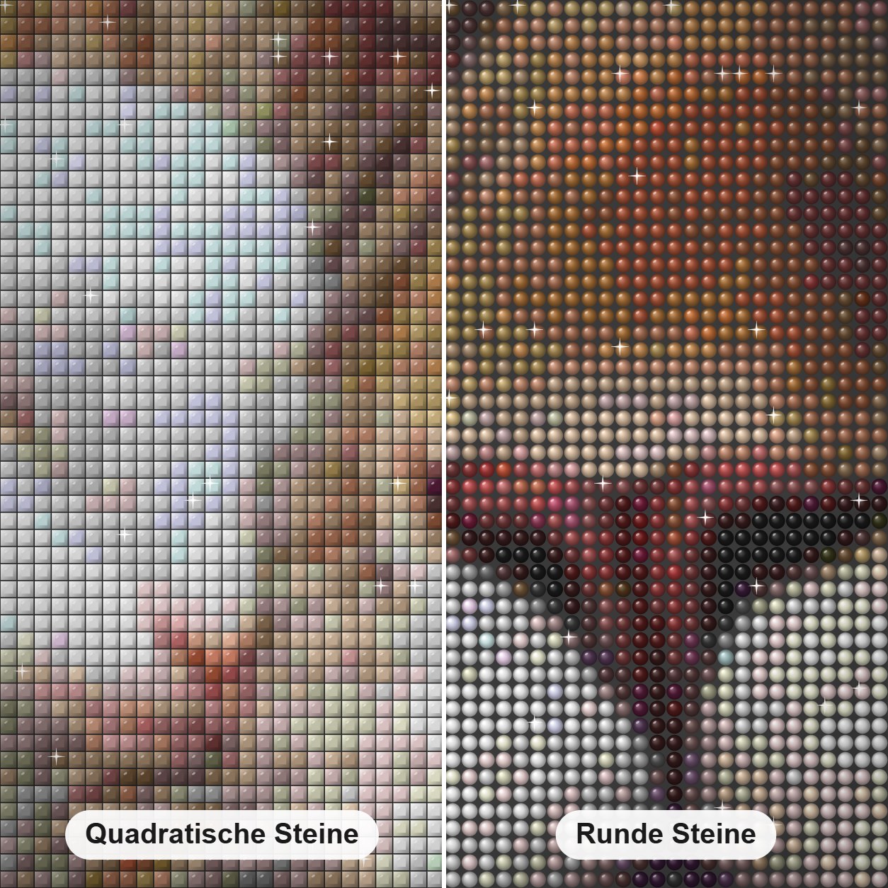 Lamm & Löwe Diamond Painting Nahaufnahme mit quadratischen und runden Steinen